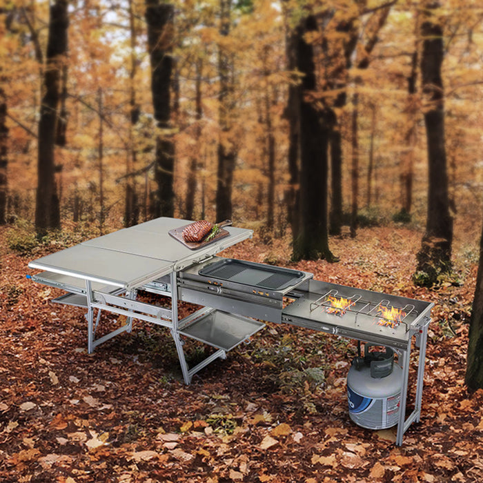 Overland Vehicle Systems Komodo Camp Kitchen - Dual Grill, Skillet, Folding Shelves, And Rocket Tower - Stainless Steel